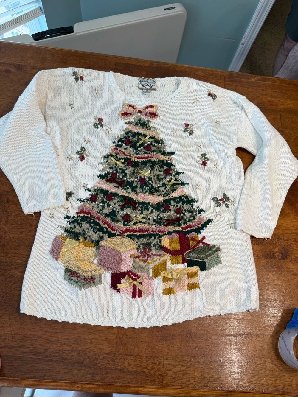 VTG Heirloom Collectibles Christmas Tree Sweater White Knitted Embellished M